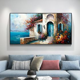 Hand Painted Oil Painting Abstract Seaside Landscape Oil Painting On Canvas Large Wall Art Original Seascape Building Painting Custom Painting (Style: 01, size: 150X220cm)