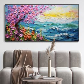 Hand Painted Oil Painting Abstract Pink Tree Texture Oil Painting Colorful Flower Canvas Art Blue Ocean Home Decor Modern Wall Decor Sunrise Mural (Style: 01, size: 100x150)