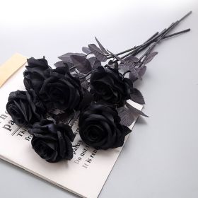 Simulation Pure Black Single Rose Bouquet Gothic Style Dark Series Decorative Fake Flower (Option: 5 Pieces)